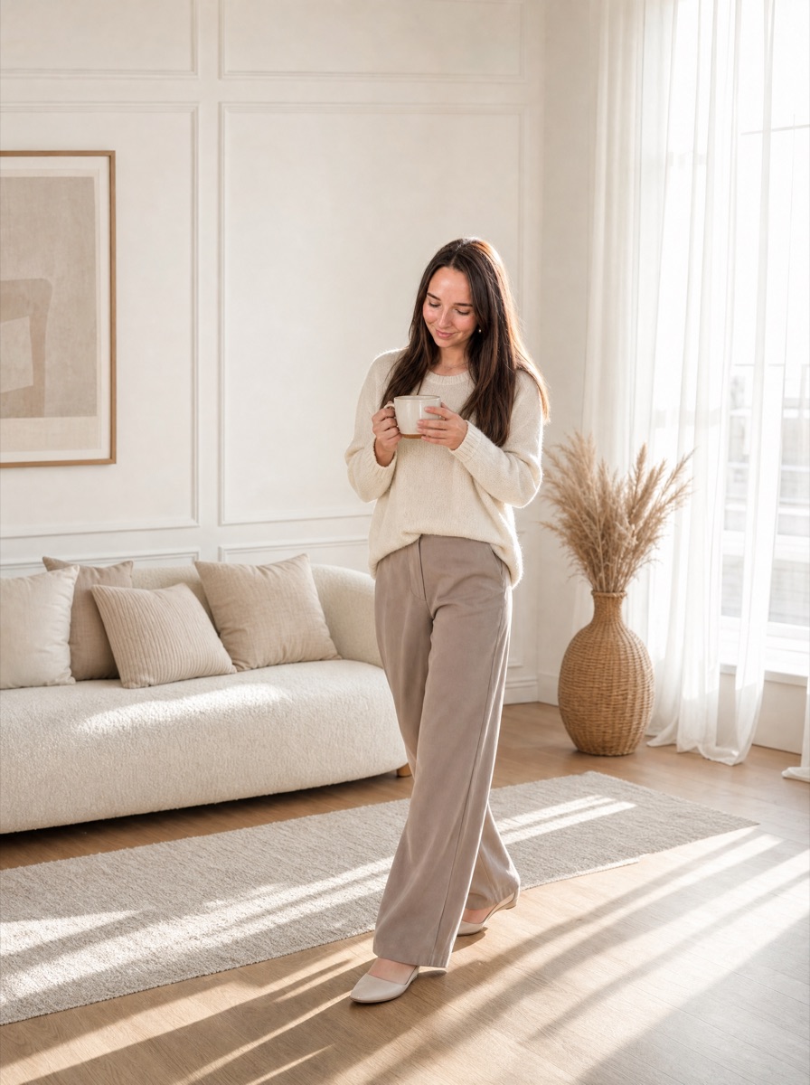 Anna Ziegler geht mit einer Tasse in der Hand entspannt durch ein helles Wohnzimmer